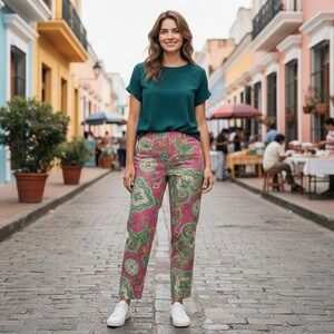 Vintage Ralph Lauren Sz 8 Pink & Green Paisley Cotton Stretch Straight Leg Pants